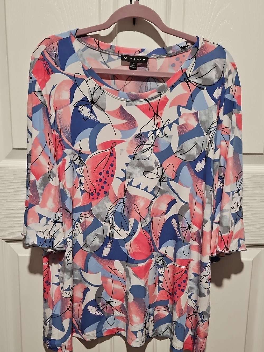 N Touch Coral Pink & Blue Abstract Scoop Neck Blouse